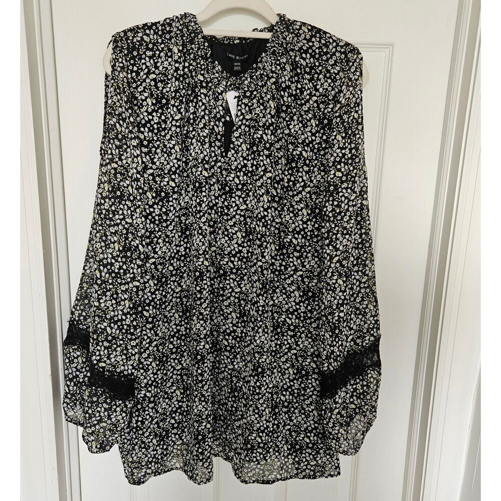 Lane Bryant Chiffon Cold Shoulder Blouse Floral Black 38/40